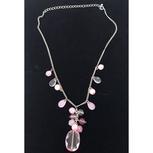 Silver Tone and Pink Acrylic Bead Faux Pearl Dangle Necklace Bling Formal - Picture 7 of 7